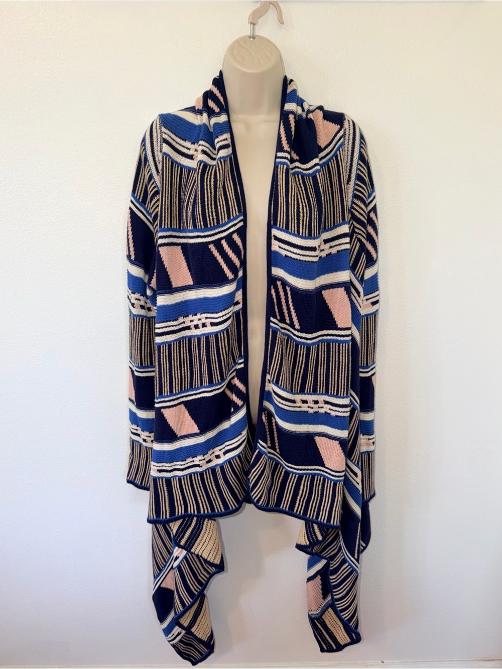 Jessica Simpson Navy, Blue & Pink Geometric Open-Front Cardigan